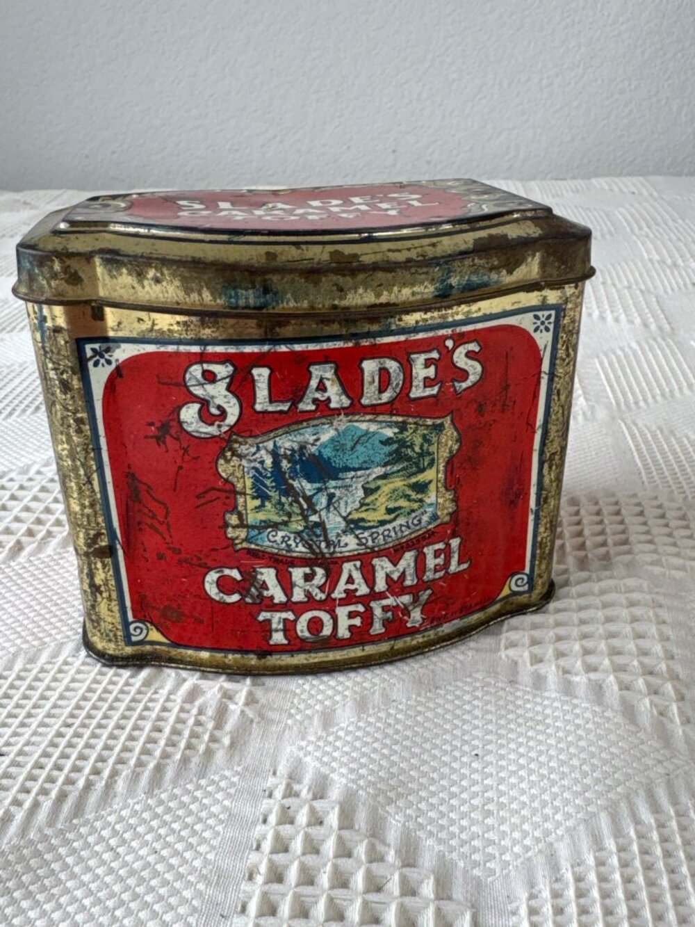 Vintage Slades Caramel Toffee Tin With Red Graphics and Gold Accents Collectible